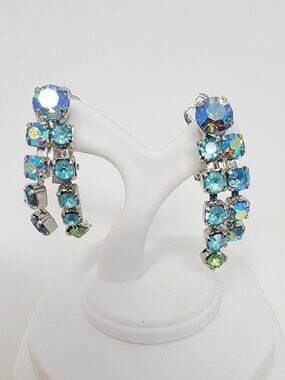 Vintage Rhinestone Clip On Earrings Blue Aqua Green AB Dangle Statement